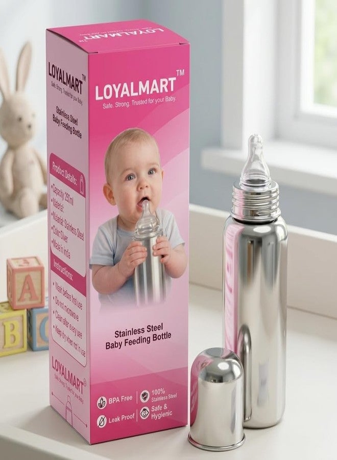 Loyalmart Baby Bottle Stainless Steel Baby Feeding Bottle 250ml BPA Free Leak Proof Easy Clean Hygienic Safe Use Soft Silicone Nipple with Anti-Colic Silicone Medium Flow Nipple (Silver, 250ml) - Image 1
