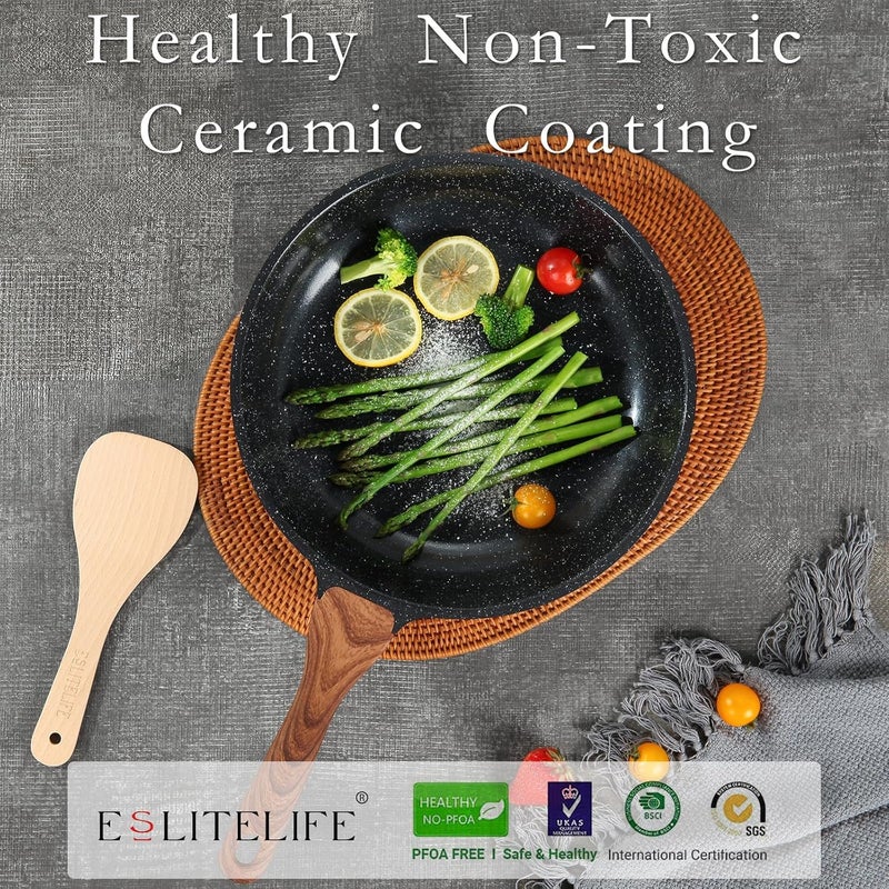 ESLITE LIFE 8 Inch Frying Pan with Lid Nonstick Induction Skillet Small Egg Omelette Maker Pan with Granite Coating - Image 3