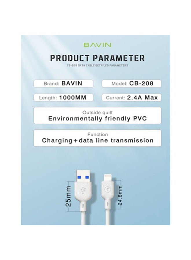 Bavin CB-208 Lightning Data Cable – 1M USB-A to Lightning, 2.4A Fast Charging & Data Transfer, Durable TPE Build, Compatible with iPhone, iPad, AirPods, and More - Image 2