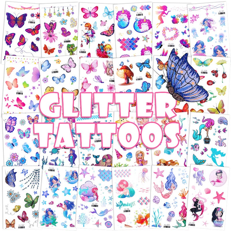 Konsait Glitter Temporary Tattoo for Girls 24 Sheets Butterfly Mermaid Fairy Flowers Tattoo Stickers for Kids Waterproof Fake Tattoos for Birthday Party Favors Goodie Bags Stuffers Party Fillers