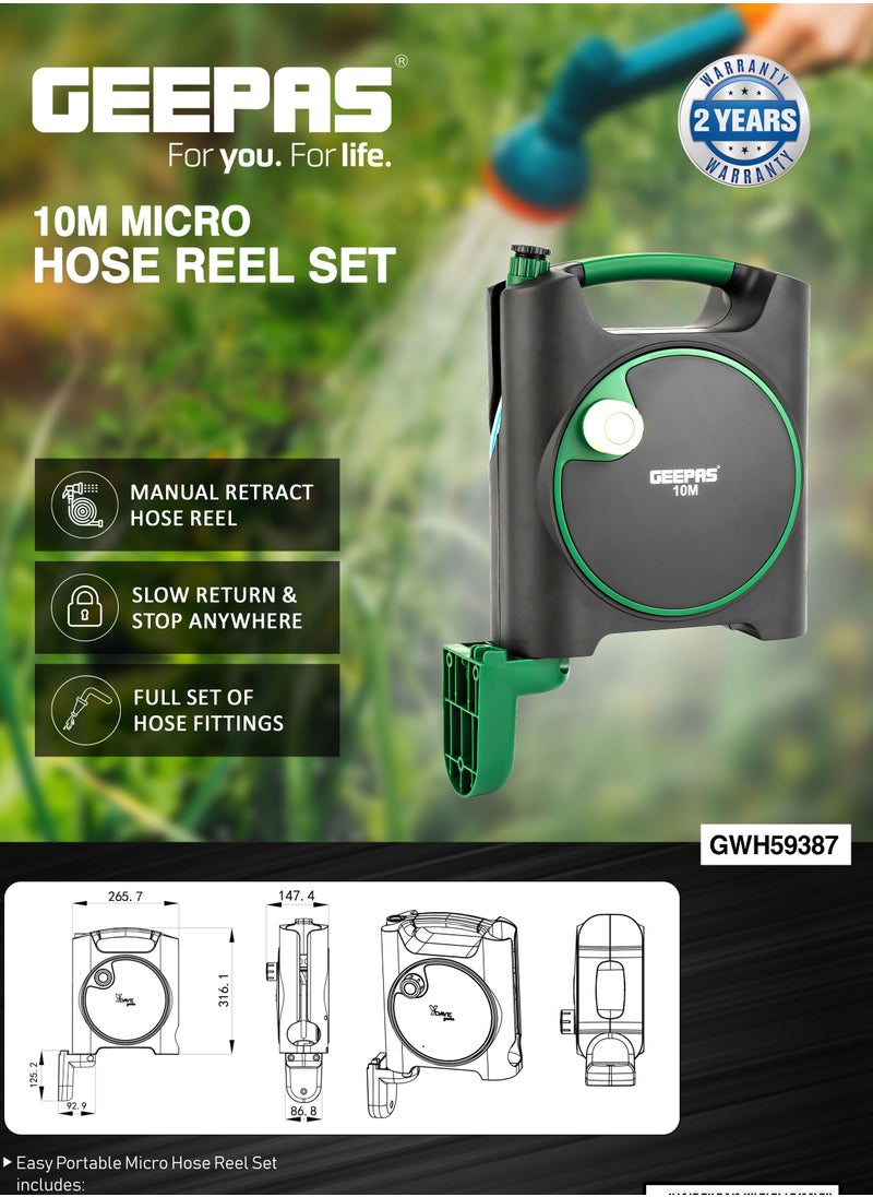 GEEPAS - Geepas 10 M Micro Hose Reel Set GWH59387, Stop Anywhere Lock Mechanism and Manual Retract Hose reel set, With Full Set of Hose Fitting, Perfect for Gardening Use - Image 1
