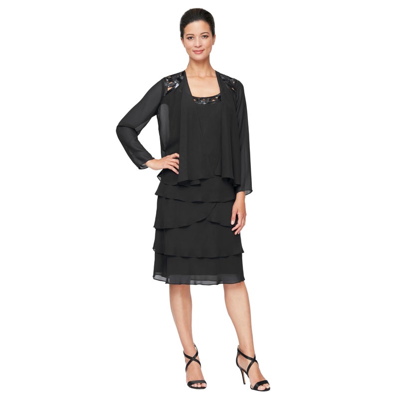 S.L. Fashions Women's Petite Mother of The Bride Jacket Dress with Sequined Cut Out Shoulder, Black, 12 - Image 1