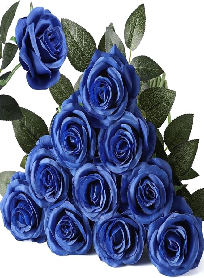 Nubry Artificial Silk Rose Flower Bouquet Lifelike Fake Rose for Wedding Home Party Decoration Event Gift 10pcs (Blue)