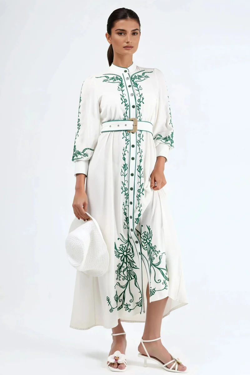 جينيفر Floral Belted Midi Shirt Dress