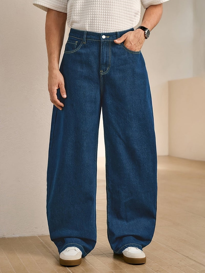 American Retro Dark Blue Jeans for Men, Loose Straight Wide-Leg Pants, Draped Floor-Length Pants, Street Trendy Casual Long Pants - Image 2