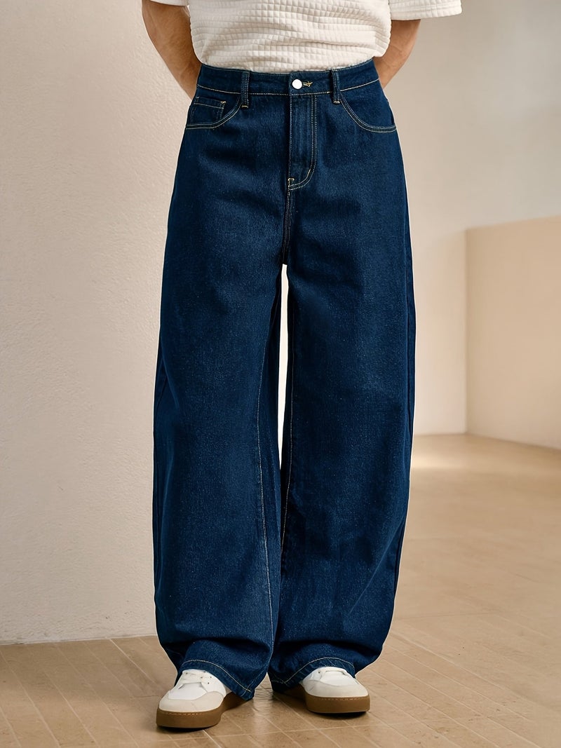 American Retro Dark Blue Jeans for Men, Loose Straight Wide-Leg Pants, Draped Floor-Length Pants, Street Trendy Casual Long Pants - Image 4