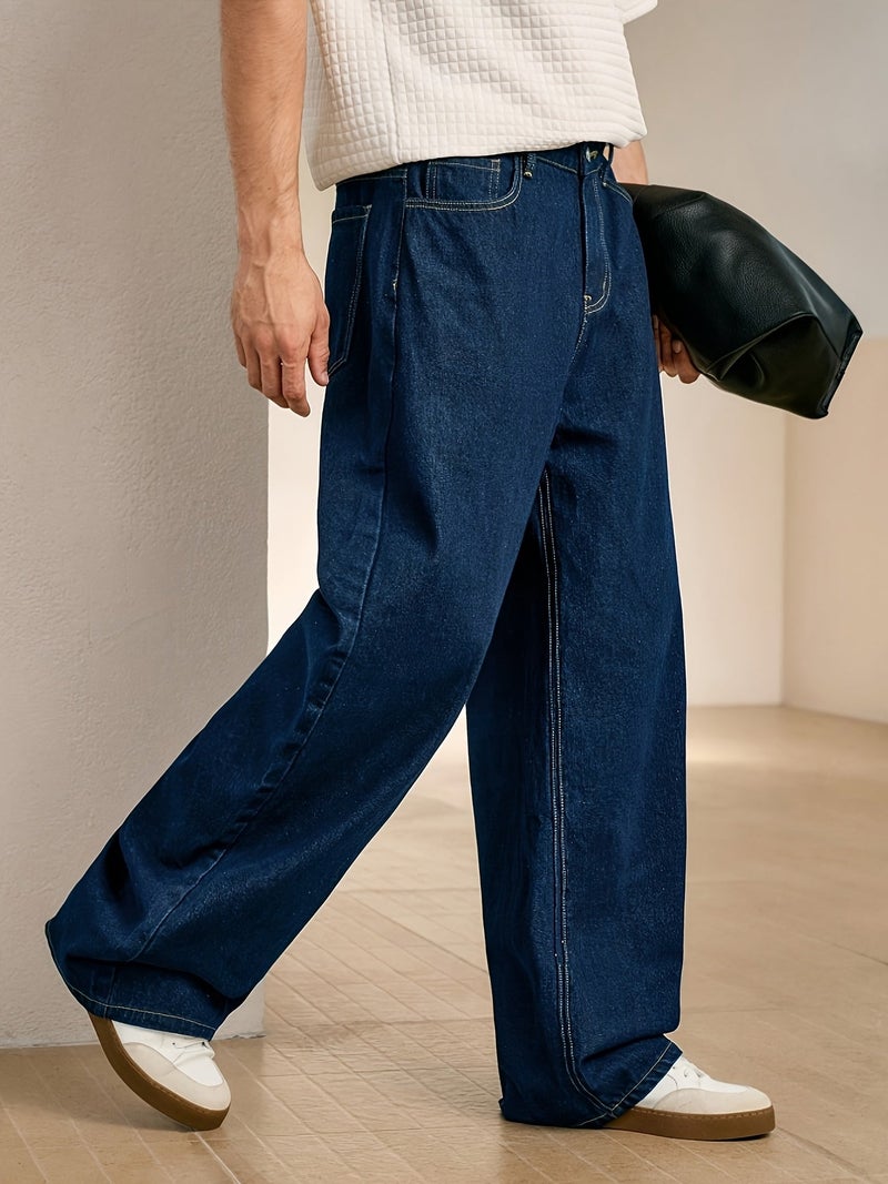 American Retro Dark Blue Jeans for Men, Loose Straight Wide-Leg Pants, Draped Floor-Length Pants, Street Trendy Casual Long Pants - Image 3