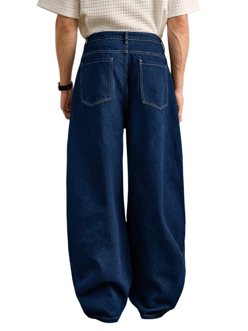 American Retro Dark Blue Jeans for Men, Loose Straight Wide-Leg Pants, Draped Floor-Length Pants, Street Trendy Casual Long Pants - Image 1