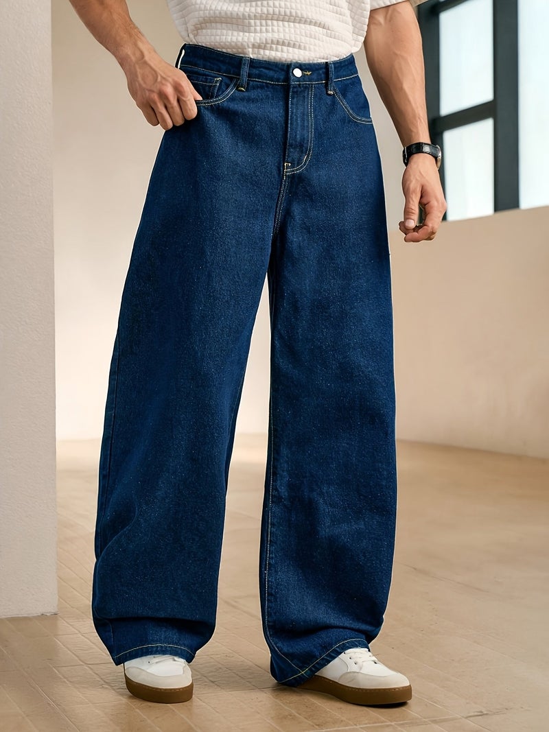 American Retro Dark Blue Jeans for Men, Loose Straight Wide-Leg Pants, Draped Floor-Length Pants, Street Trendy Casual Long Pants - Image 5