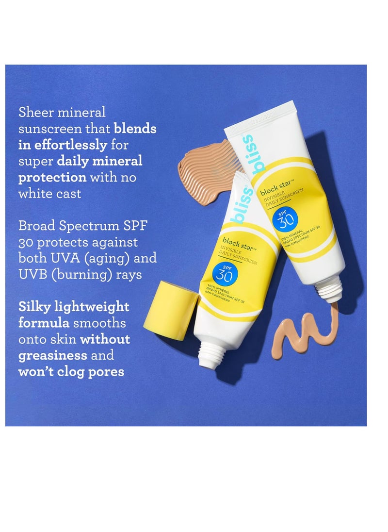 Bliss Block Star SPF 30 Invisible Daily Tinted Sunscreen with Zinc Oxide, Sunscreen & Makeup Primer - 100% Mineral Broad Spectrum Sunscreen with Titanium Dioxide and Antioxidant Blend,- 1.4 fl oz.