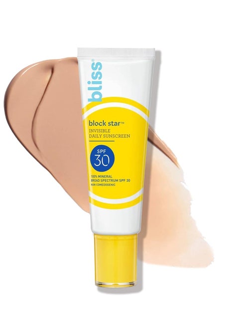 Bliss Block Star SPF 30 Invisible Daily Tinted Sunscreen with Zinc Oxide, Sunscreen & Makeup Primer - 100% Mineral Broad Spectrum Sunscreen with Titanium Dioxide and Antioxidant Blend,- 1.4 fl oz.