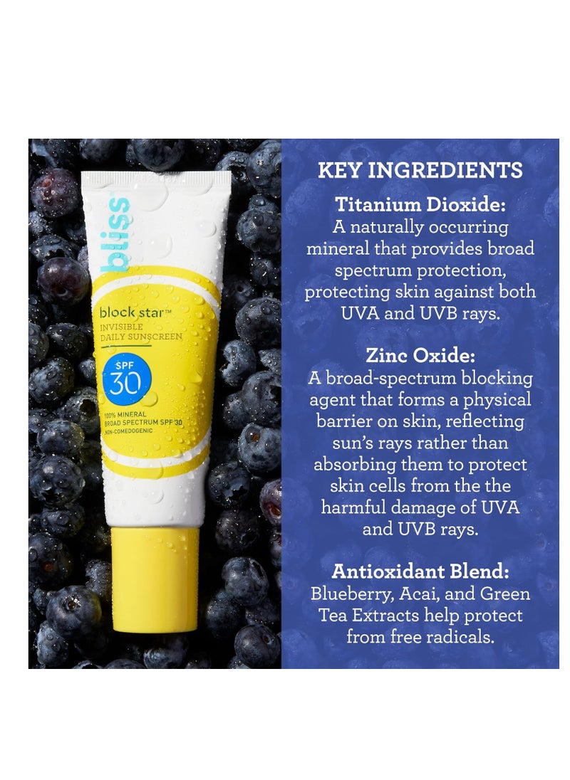 Bliss Block Star SPF 30 Invisible Daily Tinted Sunscreen with Zinc Oxide, Sunscreen & Makeup Primer - 100% Mineral Broad Spectrum Sunscreen with Titanium Dioxide and Antioxidant Blend,- 1.4 fl oz.