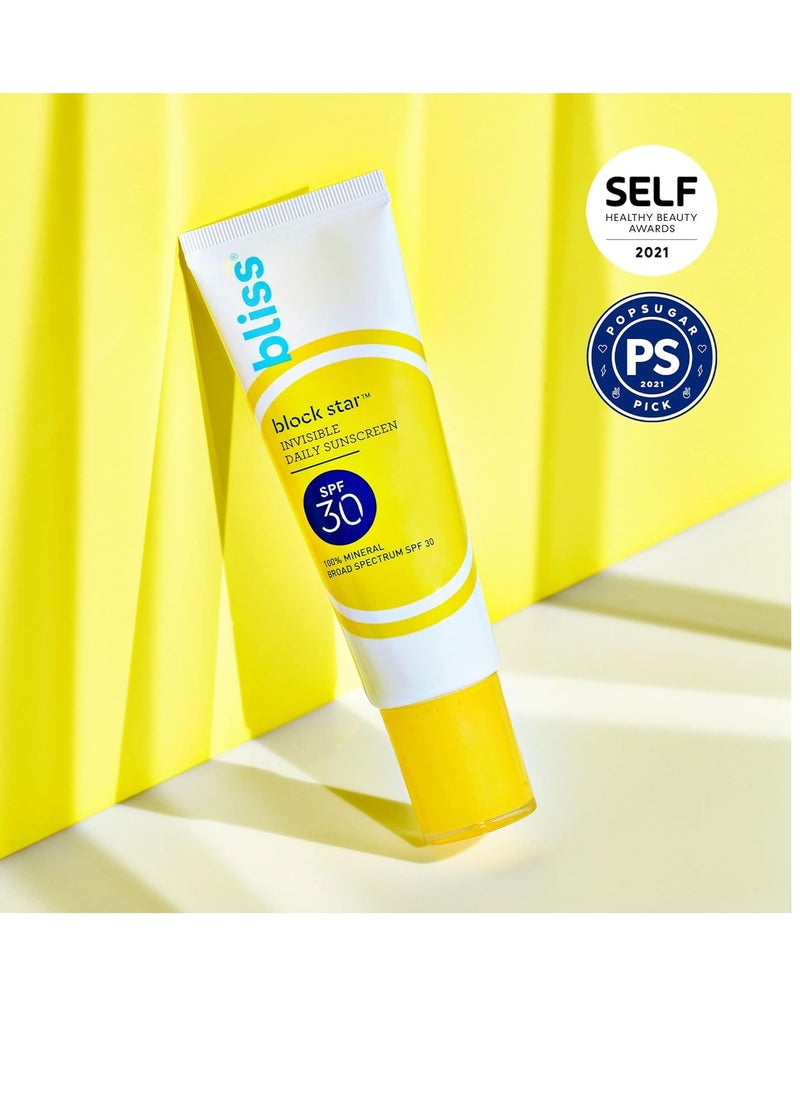 Bliss Block Star SPF 30 Invisible Daily Tinted Sunscreen with Zinc Oxide, Sunscreen & Makeup Primer - 100% Mineral Broad Spectrum Sunscreen with Titanium Dioxide and Antioxidant Blend,- 1.4 fl oz.