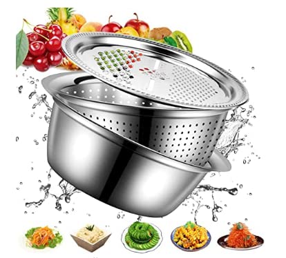 GOODMARTS Kitchen Thicken Stainless Steel Basin 3 in 1 Multipurpose Julienne Grater Vegetable Cutter Stainless Steel Drain Basket Salad Maker Bowl for Cooking - Image 1