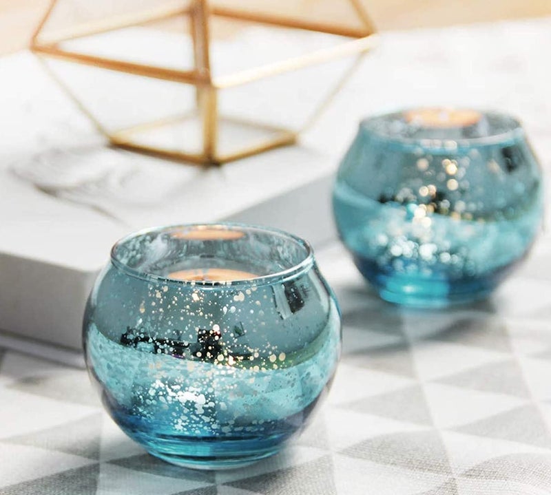 The Purple Tree Mercury Glass Mosaic Tealight Candle Holders for Diwali Christmas (Pack of 2, Blue), Diwali Tealights, Corporate Gifts, Home Decor Gift Item. - Image 5