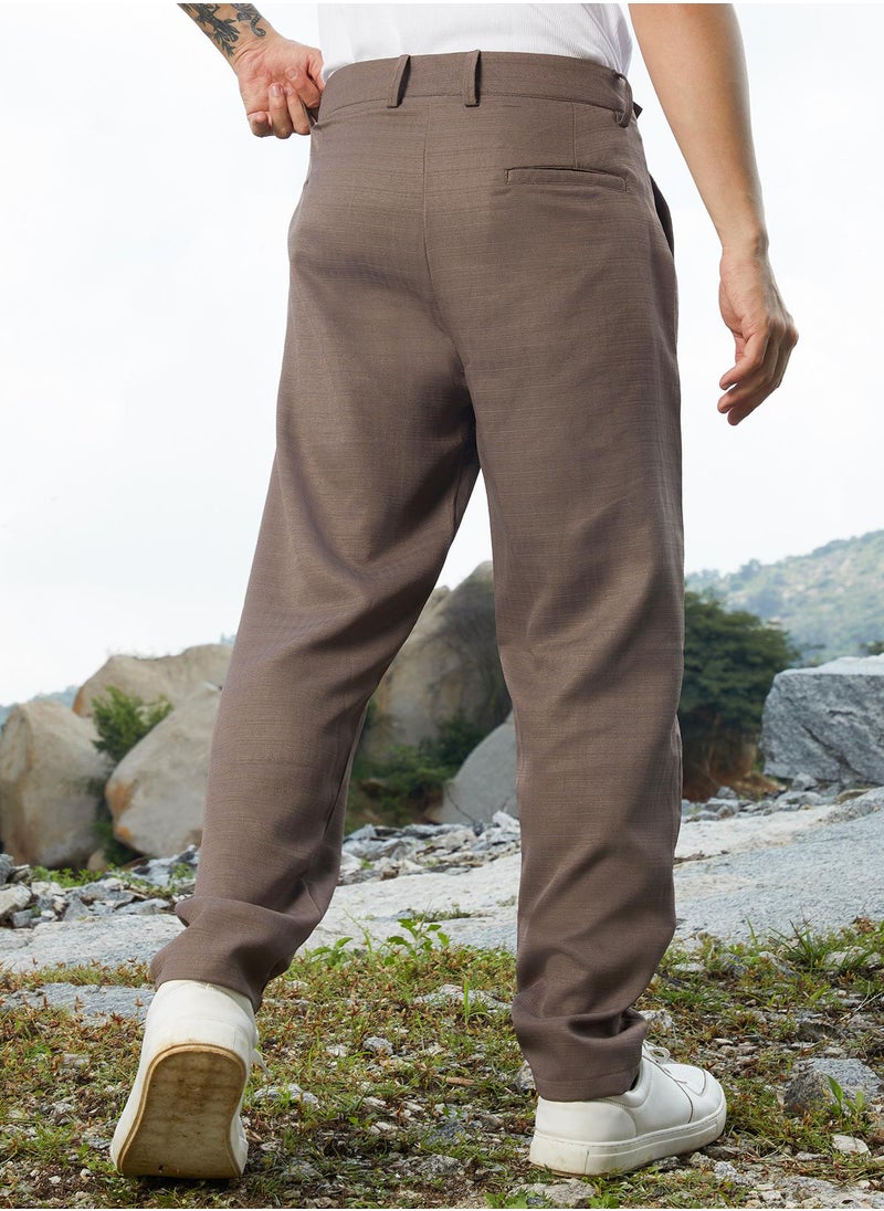 Campus Sutra Campus Sutra Men's Ash Brown Korean Tailored Trousers For Casual Wear | Regular Fit | Low-Rise | Button Closure | Trousers Crafted With Comfort Fit For Everyday Wear  - Image 3