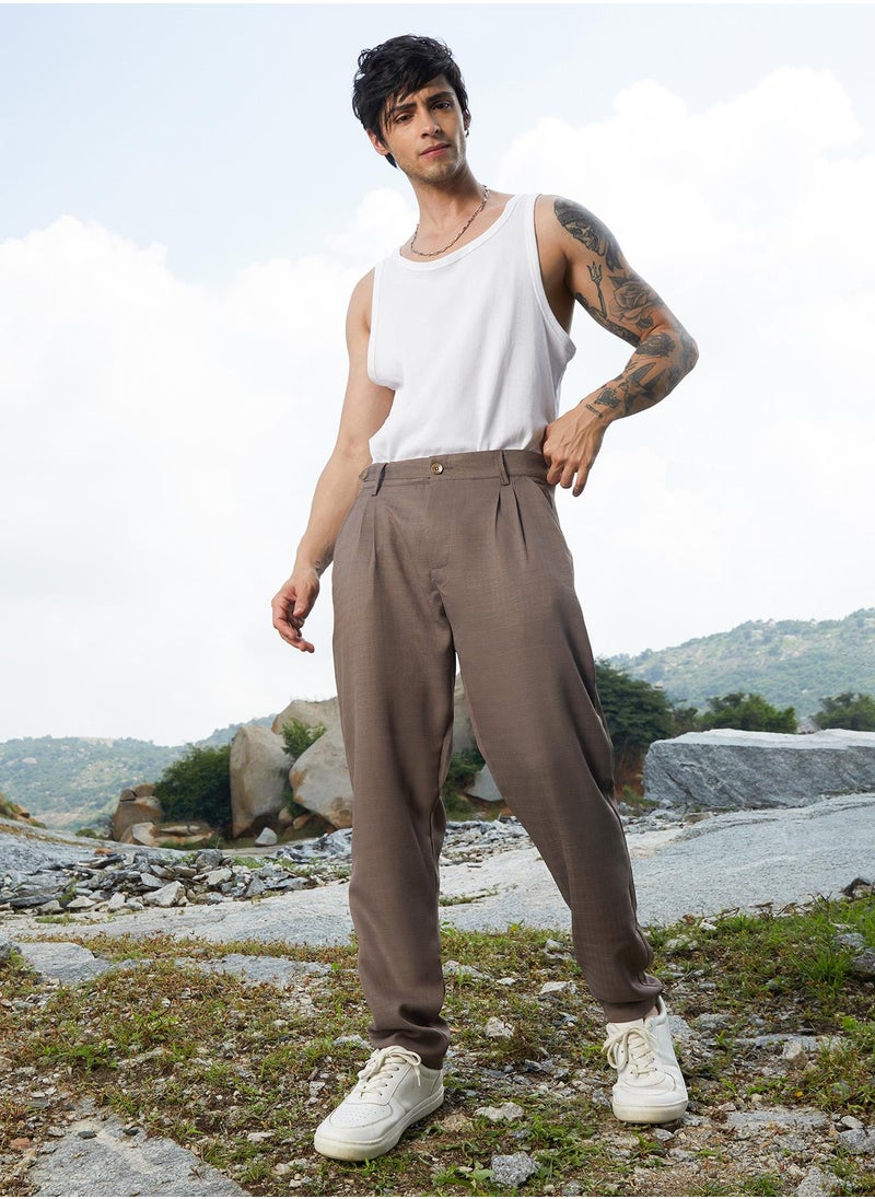 Campus Sutra Campus Sutra Men's Ash Brown Korean Tailored Trousers For Casual Wear | Regular Fit | Low-Rise | Button Closure | Trousers Crafted With Comfort Fit For Everyday Wear  - Image 5