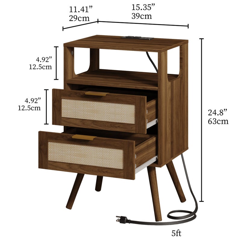 JOONEE Rattan Nightstand with Charging Station,Farmhouse Bedside Table with 2 Storage Drawer and Open Wood Shelf, for Bedroom and Small Spaces,Night Stand with Solid Wood Legs (Walnut Brown-Outlet) - Image 3