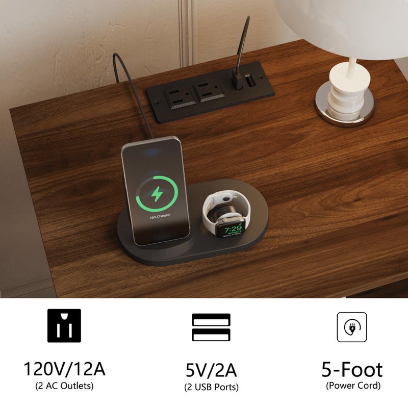 JOONEE Rattan Nightstand with Charging Station,Farmhouse Bedside Table with 2 Storage Drawer and Open Wood Shelf, for Bedroom and Small Spaces,Night Stand with Solid Wood Legs (Walnut Brown-Outlet) - Image 5