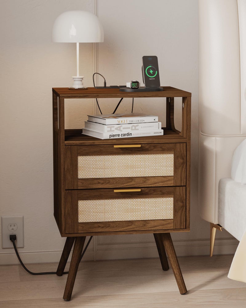 JOONEE Rattan Nightstand with Charging Station,Farmhouse Bedside Table with 2 Storage Drawer and Open Wood Shelf, for Bedroom and Small Spaces,Night Stand with Solid Wood Legs (Walnut Brown-Outlet) - Image 1