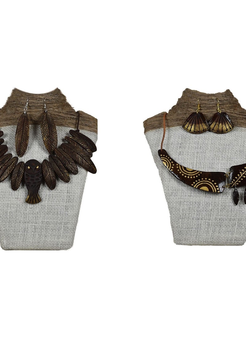 N & H - N&H Handcrafted Coconut Shell Flower with Fish, Leaves Design Necklace with Matching Earrings, Combo of 2 - Image 1