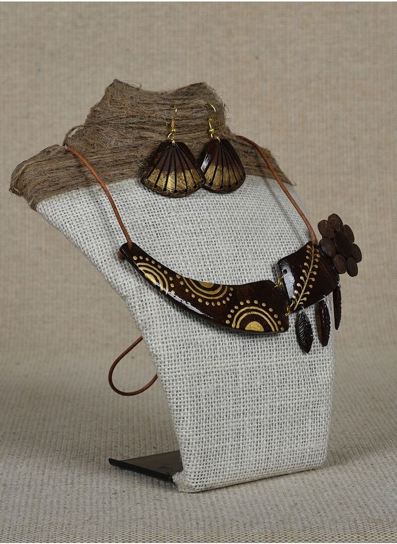 N & H - N&H Handcrafted Coconut Shell Flower with Fish, Leaves Design Necklace with Matching Earrings, Combo of 2 - Image 1
