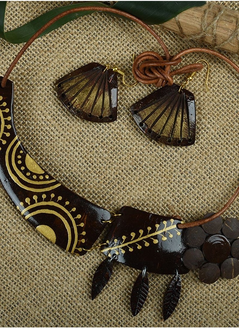N & H - N&H Handcrafted Coconut Shell Flower with Fish, Leaves Design Necklace with Matching Earrings, Combo of 2 - Image 1