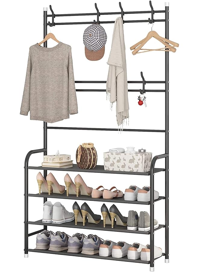 SHOWAY Coat Rack Shoe Rack Storage Shelf With 4Tier Shoe Organizeclothes Rack With 8 Hooks Hanging Entryway Hall Trees Hanging And Storageblack 30621Nup - Image 1