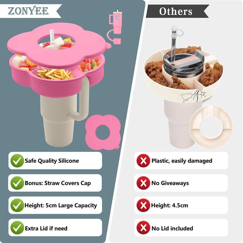 Zonyee Snack Bowl with Lid for Stanley 40oz Tumbler with Handle Silicone Reusable Snack Tray Snack Ring for Stanley Cup Accessories Peony - Image 2