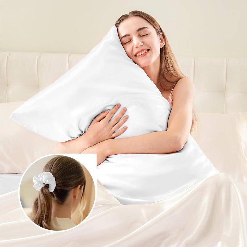 BEDELITE Satin Cushion Cover, Set of 2, 40 x 60 cm, Pure White | Silk Pillowcase Alternative, Soft for Summer, 2 Hair Bobbles Included, for Hair and Skin - Image 5
