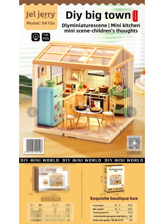 Zhiqu Cabin Mini Assembled Scene Creative Handmade DIY Big Town 3D Building Blocks Gift Toy Lighting-Color:0410a Premium Box [warm Kitchen]  - Image 1