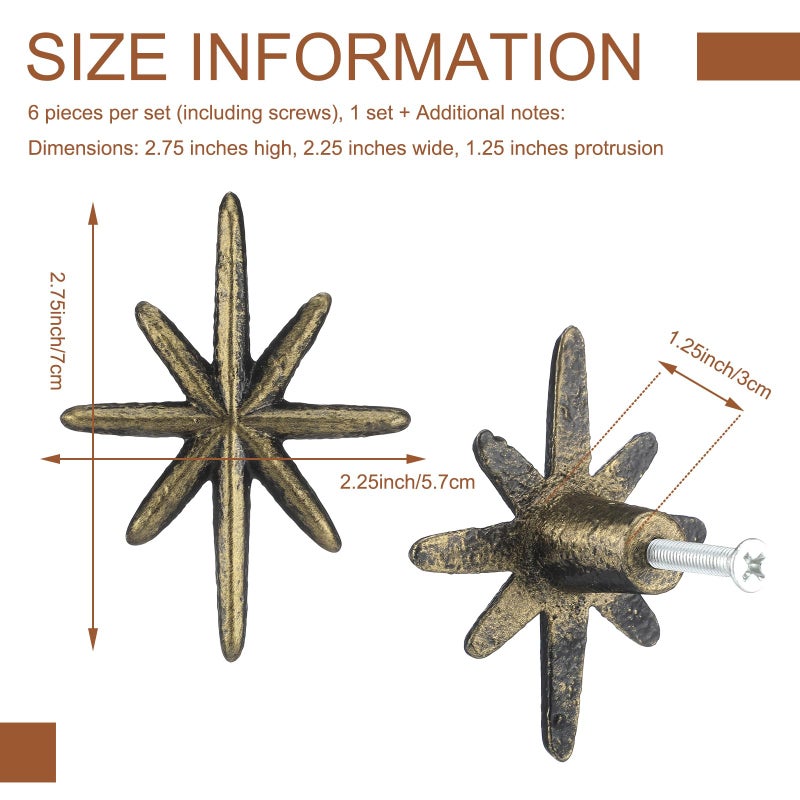 Otoolling 6 Set Unique Antique Gold Cast Iron Drawer Pulls & Cabinet Knobs, 8-Pointed Star Unique Cabinet Knobs, Add Mid-Century Modern Charm to Your Decor with Elegant Burst Design - Image 2