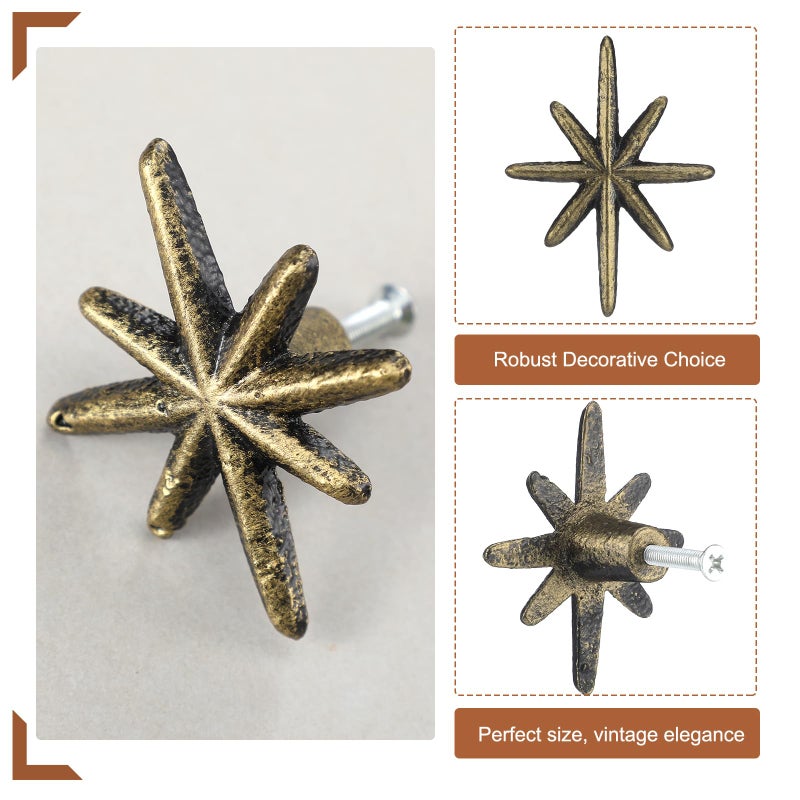 Otoolling 6 Set Unique Antique Gold Cast Iron Drawer Pulls & Cabinet Knobs, 8-Pointed Star Unique Cabinet Knobs, Add Mid-Century Modern Charm to Your Decor with Elegant Burst Design - Image 3