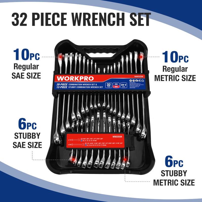 WORKPRO 32-Piece SAE & Metric Combination Wrenches Set, 20-Piece Standard wrenches and 12-Piece Stubby Wrenches with Organizer Tray, Cr-V Steel Mirror Chrome Polished - Image 2