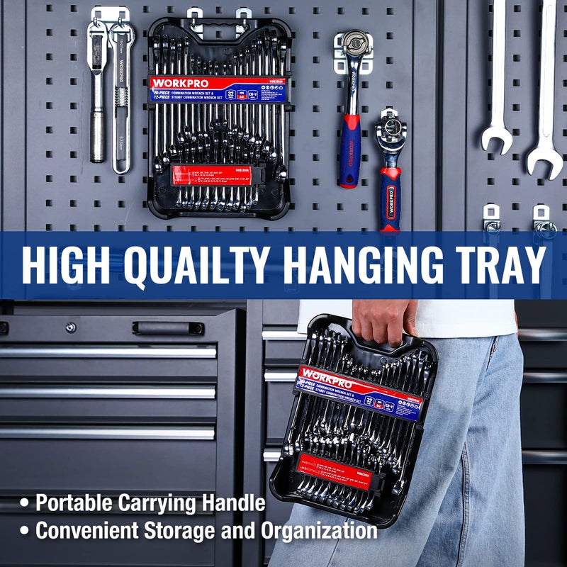 WORKPRO 32-Piece SAE & Metric Combination Wrenches Set, 20-Piece Standard wrenches and 12-Piece Stubby Wrenches with Organizer Tray, Cr-V Steel Mirror Chrome Polished - Image 4