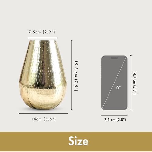 Behoma Drop Shape Metal Hammered Flower Vase for Home Décor | Table Flower Pot for Valentine’s Day, Gift for Wedding Anniversary, Birthday Decoration | 7.5 inches, Golden, 1Pcs (Flowers not Included) - Image 4