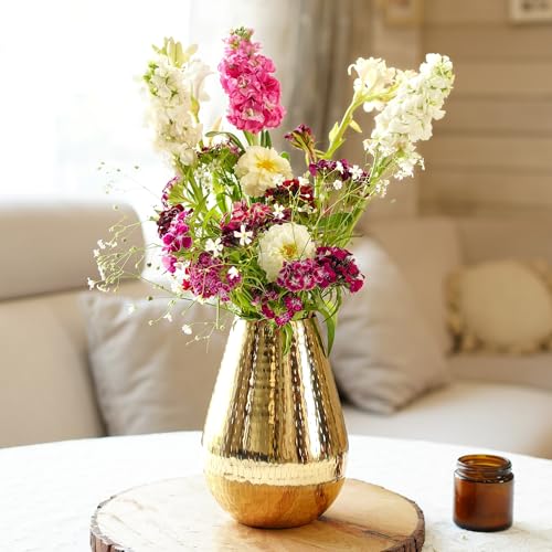 Behoma Drop Shape Metal Hammered Flower Vase for Home Décor | Table Flower Pot for Valentine’s Day, Gift for Wedding Anniversary, Birthday Decoration | 7.5 inches, Golden, 1Pcs (Flowers not Included) - Image 1