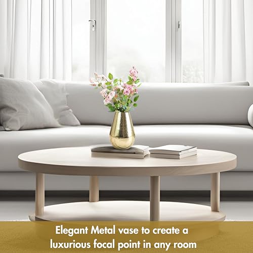 Behoma Drop Shape Metal Hammered Flower Vase for Home Décor | Table Flower Pot for Valentine’s Day, Gift for Wedding Anniversary, Birthday Decoration | 7.5 inches, Golden, 1Pcs (Flowers not Included) - Image 2