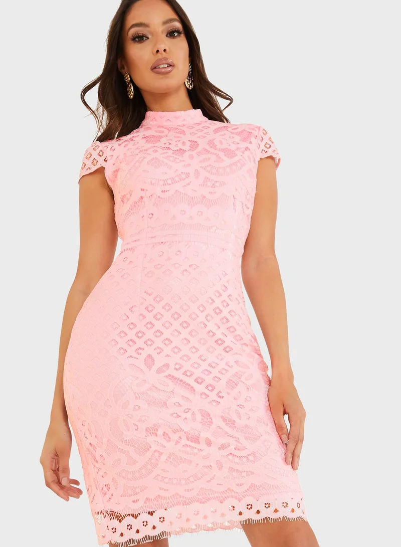 QUIZ Lace Lining High Neck Midi Dress
