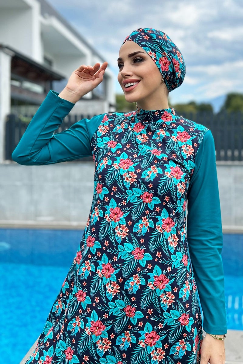 Remsa Mayo Remsa Swimsuit Remsa Design Lycra Patterned Bonnet Full Covered Swimsuit 900-133 Petrol - Image 1