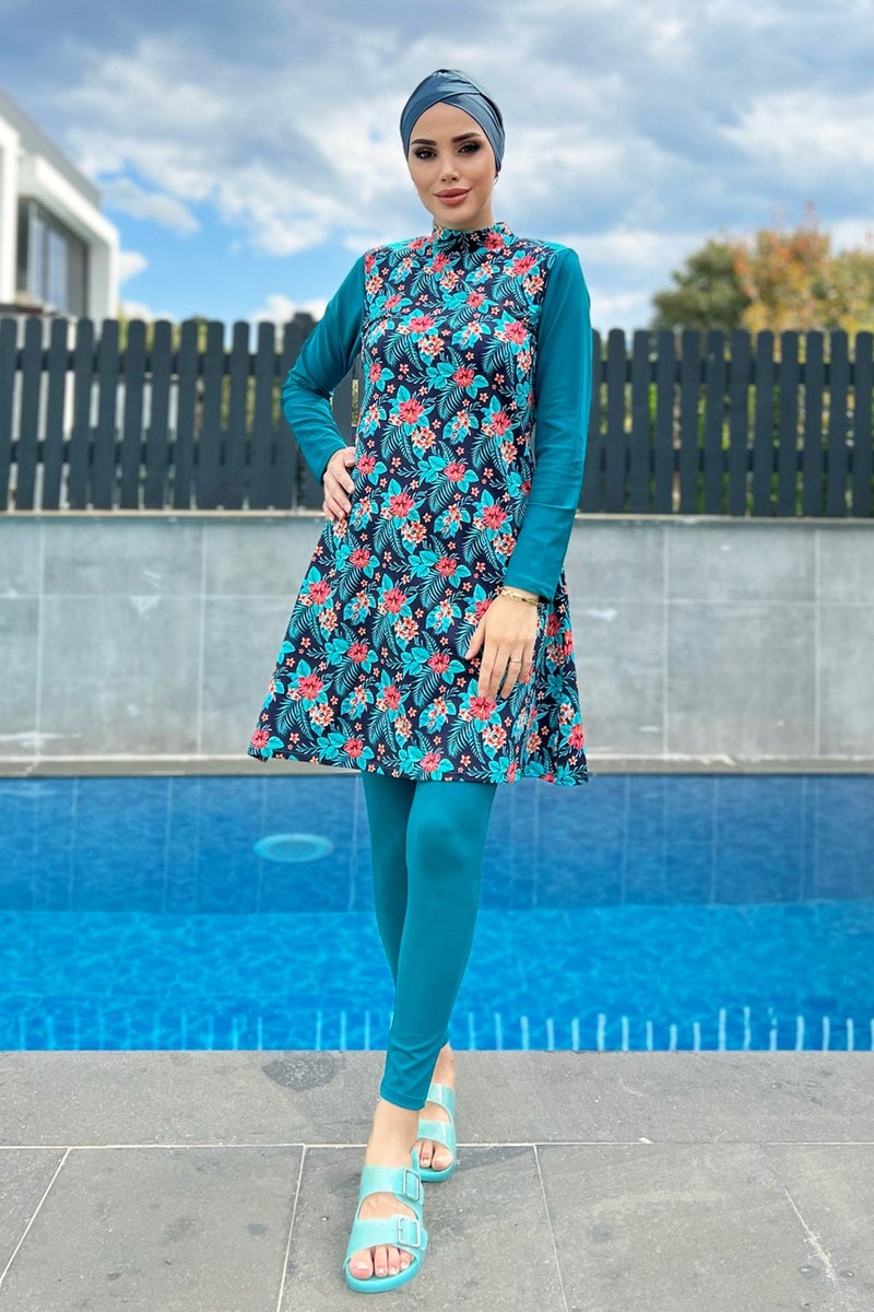 Remsa Mayo Remsa Swimsuit Remsa Design Lycra Patterned Bonnet Full Covered Swimsuit 900-133 Petrol - Image 2