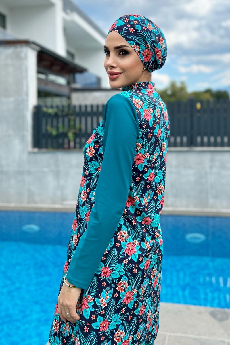 Remsa Mayo Remsa Swimsuit Remsa Design Lycra Patterned Bonnet Full Covered Swimsuit 900-133 Petrol - Image 4