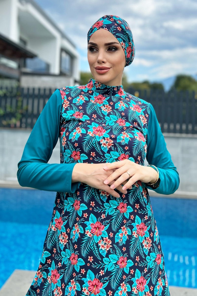 Remsa Mayo Remsa Swimsuit Remsa Design Lycra Patterned Bonnet Full Covered Swimsuit 900-133 Petrol - Image 3