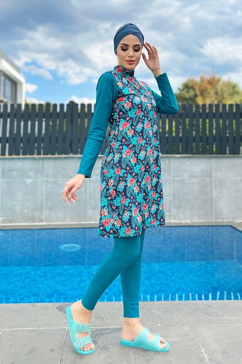 Remsa Mayo Remsa Swimsuit Remsa Design Lycra Patterned Bonnet Full Covered Swimsuit 900-133 Petrol - Image 5