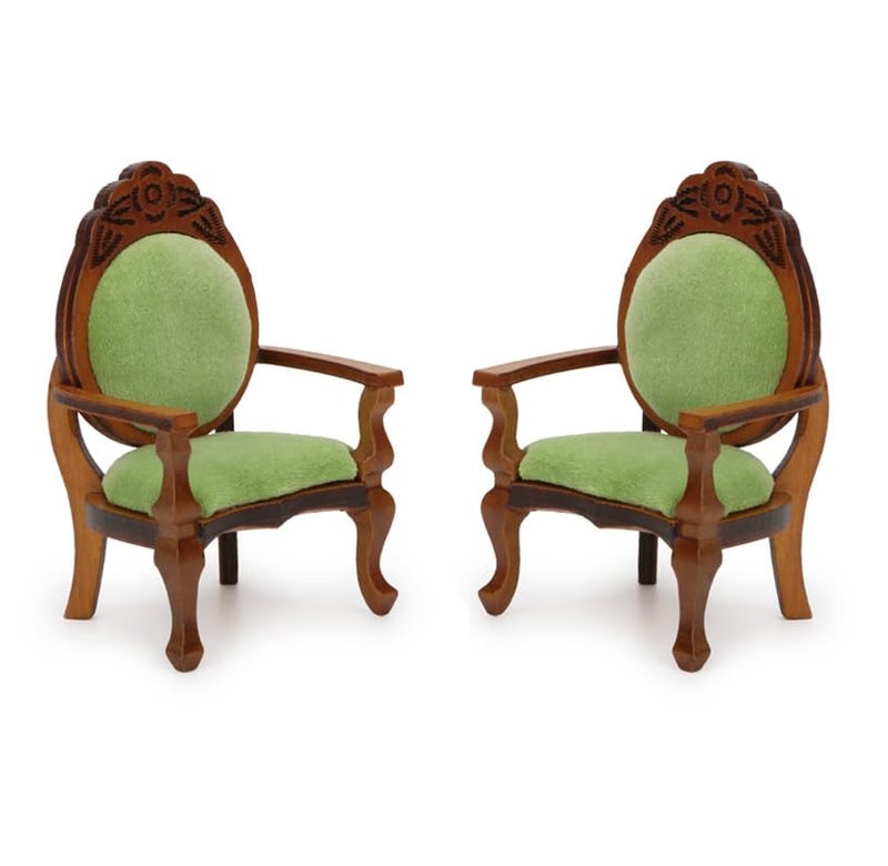 Cutemini Dollhouse Chair 2PCS Miniature Furniture Retro Vintage Chair Wooden Accessories 112 Upholstered Victorian Carved Armchair for Christmas Decoration Ornament B - Image 1