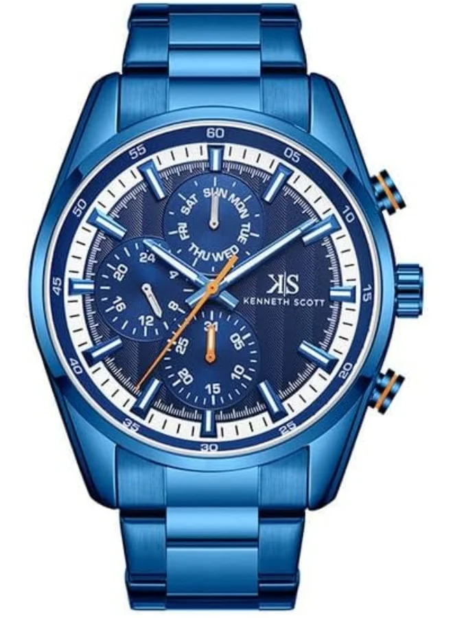 كينيث سكوت Kenneth Scott Men's Epson VX9N Movement Watch, Analog Display and Stainless Steel Strap - K24117-NBNN, Blue