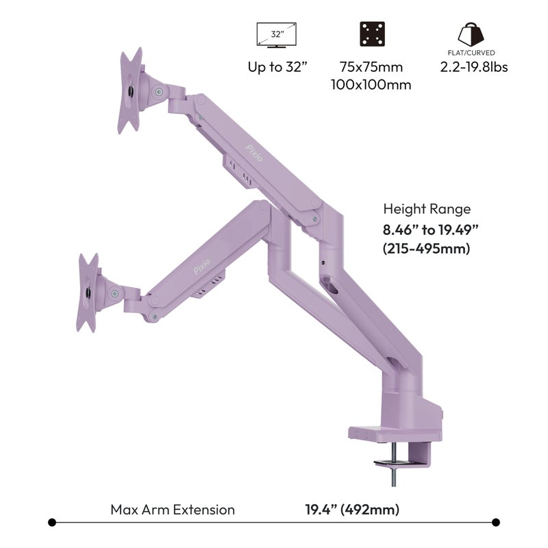 Pixio PS1D Wave Purple Dual Monitor Arm Stand Desk Mount - Fits up to 32 inches Monitors and up to 19.8lbs. VESA Compatibility and Integrated Cable Management - Image 4
