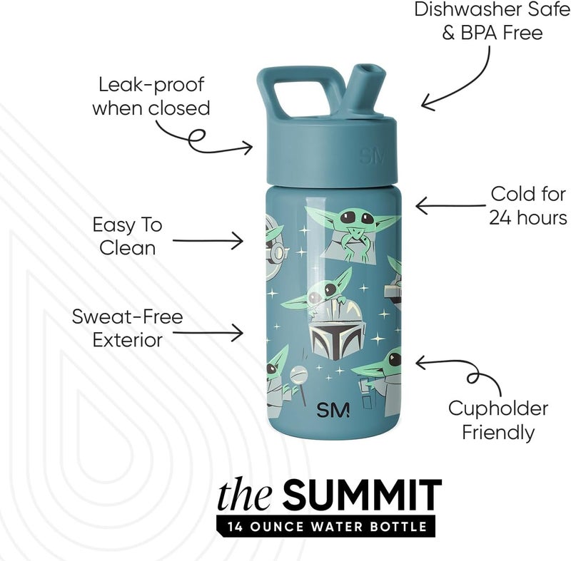 Simple Modern Kids Summit Water Bottle with Straw Lid | Star Wars Baby Yoda Grogu 14oz Stainless Steel Cup Insulated Tumbler for Boys, Girls, School | Grogu Doodle - Image 1