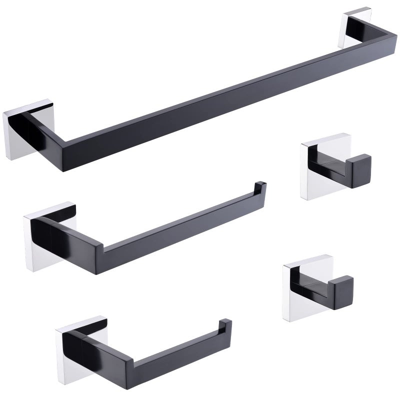 TURS 5Piece Bathroom Hardware Set Matte Black and Polished Chrome Towel Bar Holder Set Hand Towel Holder Toilet Paper Holder and 2 Towel HooksStainless Steel Wall Mounted