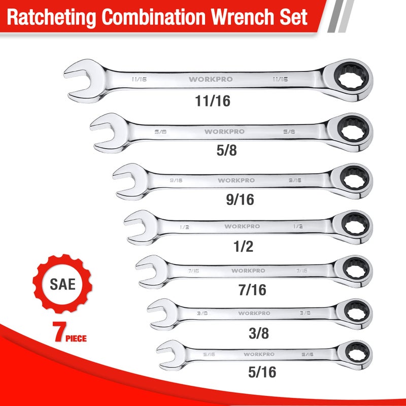 WORKPRO 7-Piece Ratcheting Combination Wrench Set, 72 Teeth, Cr-V Constructed, Combo Ratchet Wrenches Set with Roll Up Pouch, SAE 5/16"-11/16" - Image 2